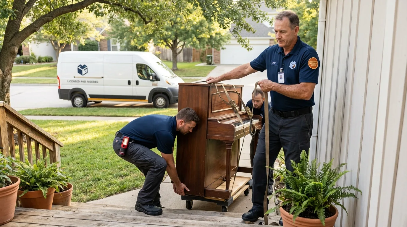 Licensed piano movers securing grand piano in Hibbing, MN