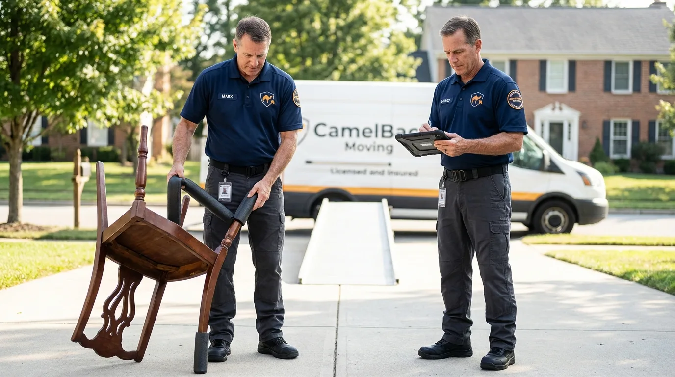 Movers inspecting furniture for damage prevention before loading in Hibbing, MN