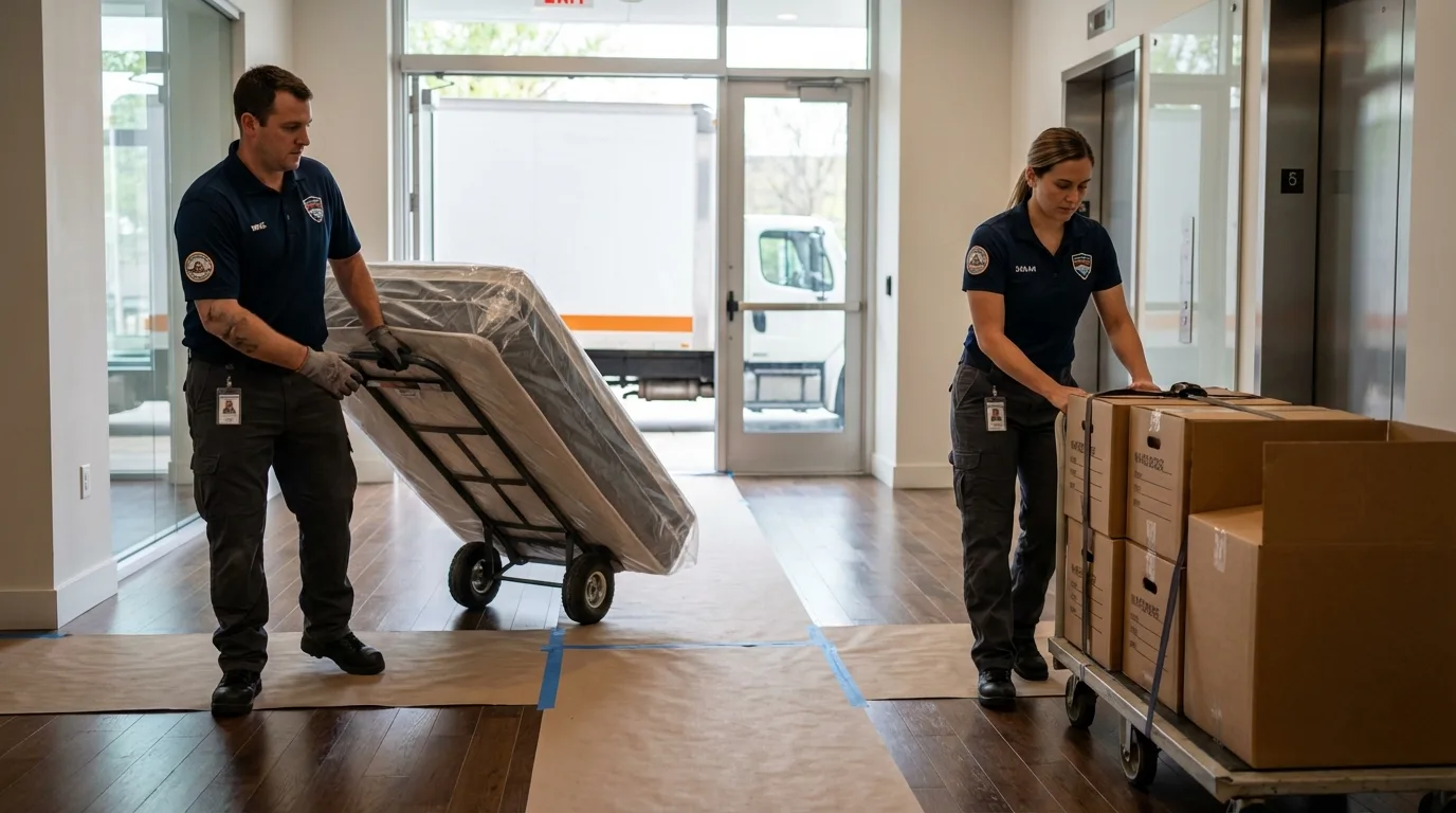 Professional apartment movers loading elevator in Hibbing, MN
